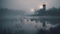 sunrise over the lake A lighthouse in a haunted swamp, where ghostly figures and eerie sounds lurk in the fog.