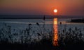 Sunrise over the lake, reflection of the red rays of the sun in the water, Ukraine, Tiligulsky estuary Royalty Free Stock Photo