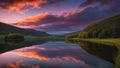 sunrise over the lake _A lake and a road at sunset with a stunning reflection. The image shows a calm and serene scene Royalty Free Stock Photo