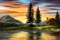 sunrise over the lake, summer landscape, house in the forest, digital art illustration painted with watercolors