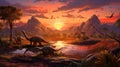 Sunrise over land with dinosaurs