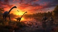 Sunrise over land with prehistoric life