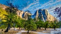 Sunrise over the large granite El Capitan rock under colorful sky. Viewed from Yosemite Valley in Yosemite National Park