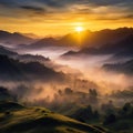 Sunrise over layers of mountain with low clouds Generative AI Royalty Free Stock Photo