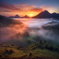 Sunrise over layers of mountain with low clouds Generative AI