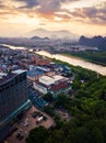 Sunrise over Li river in Guilin, China aerial view