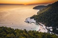 Sunrise over marble beach Porto Vathy in Thassos Island Greece