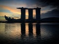 Sunrise over the Marina Bay with Marina Bay Sands resort and ArtScience Museum buildings, Singapore, February 2019 Royalty Free Stock Photo