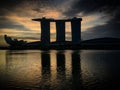 Sunrise over the Marina Bay with Marina Bay Sands resort and ArtScience Museum buildings, Singapore, February 2019 Royalty Free Stock Photo