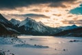 Sunrise over Medicine Lake with rocky mountains and frozen lake in Jasper national park Royalty Free Stock Photo