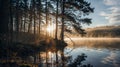 Sunrise over misty lake in the forest. Beautiful landscape Royalty Free Stock Photo
