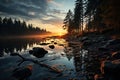 Sunrise over Misty Lake with Reflective Waters. Generative AI Royalty Free Stock Photo