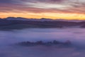 Sunrise Over Misty Landscape. Scenic View Of Foggy Morning Sky With Rising Sun Above Misty Forest. Middle Summer Nature Of Europe.