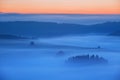 Sunrise Over Misty Landscape. Scenic View Of Foggy Morning Sky With Rising Sun Above Misty Forest. Middle Summer Nature Of Europe. Royalty Free Stock Photo