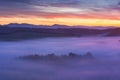 Sunrise Over Misty Landscape. Scenic View Of Foggy Morning Sky With Rising Sun Above Misty Forest. Middle Summer Nature Of Europe. Royalty Free Stock Photo