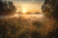 sunrise over misty meadow, with dew and fog creating a magical atmosphere