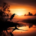 Sunrise over a misty river, showcasing the graceful Darters silhouette