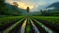 Sunrise over misty valley, young pineapple plantation Royalty Free Stock Photo