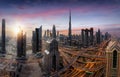 Sunrise over the modern Skyline of Dubai, UAE Royalty Free Stock Photo