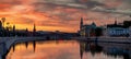 Sunrise over Moscow and the river, beautiful city landscape, panorama landscape. Travel to Russia Royalty Free Stock Photo