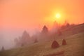 Sunrise over mountain field. Haystacks in misty autumn morning h Royalty Free Stock Photo