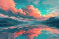 sunrise over a mountain lake with pink and orange clouds reflecting in the still, turquoise water