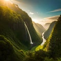 sunrise over the mountain, waterfall and river.