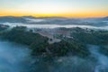 Sunrise over mountainous landscape of Marche region near Urbino,