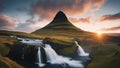 sunrise over the mountains Beautiful landscape with sunrise on Kirkjufellsfoss waterfall and Kirkjufell mountain, Iceland,
