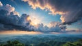 Sunrise over the mountains with blue sky and clouds Royalty Free Stock Photo