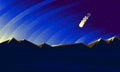 Sunrise over the mountains and comet in the sky. Flat vector night landscape with comet over the horizon. Royalty Free Stock Photo