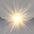 Sunrise over the mountains, dawn. Vector transparent sunlight. Special lens flare light effect. Royalty Free Stock Photo