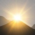 Sunrise over the mountains, dawn. Vector transparent sunlight. Special lens flare light effect.