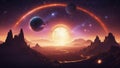 sunrise over the mountains exploding star near black hole, Cartoon alien fantastic landscape with moons and planets Royalty Free Stock Photo