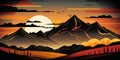 Sunrise over mountains landscape beautiful retro artistic style