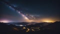 sunrise over the mountains A night landscape with a colorful milky way and yellow light from the mountains. The stars are bright Royalty Free Stock Photo