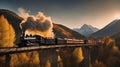 sunrise over the mountains, _A vintage locomotive with a black smokestack and a yellow passenger car, crossing a wooden bridge