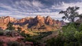 Sunrise over Mt. Kinesava and The West Temple in Zion National Park in Utah, USA