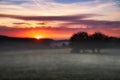 Sunrise over a neighboring forest with meadow in the foreground. Pasture landscape Royalty Free Stock Photo