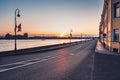 Sunrise over Neva river on Palace embankment. Early morning in Saint-Petersburg. Russia