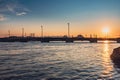 Sunrise over Neva river on Palace embankment. Early morning in Saint-Petersburg. Russia