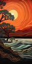 Colorful African Art Forest With Tree, Waves, And Sunset Illustration