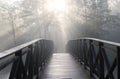 Sunrise over old wooden bridge, with trees on a background and sun rays, Sweden