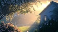 Sunrise over a Peaceful Cottage Garden Royalty Free Stock Photo