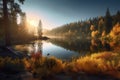 Sunrise over a peaceful hillside lake surrounded by towering pine trees and colorful autumn foliage