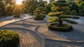 Sunrise over Peaceful Japanese Zen Garden. Resplendent. Royalty Free Stock Photo