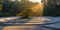 Sunrise over Peaceful Japanese Zen Garden. Resplendent. Royalty Free Stock Photo