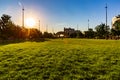 Sunrise over \'the Performance Pavilion on Gene Leahy Mall at The Riverfront Downtown, Omaha Nebraska. Royalty Free Stock Photo