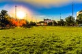 Sunrise over the Performance Pavilion on Gene Leahy Mall at The Riverfront, Omaha Nebraska. Royalty Free Stock Photo