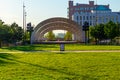 Sunrise over the Performance Pavilion on Gene Leahy Mall at The Riverfront Omaha Nebraska. Royalty Free Stock Photo